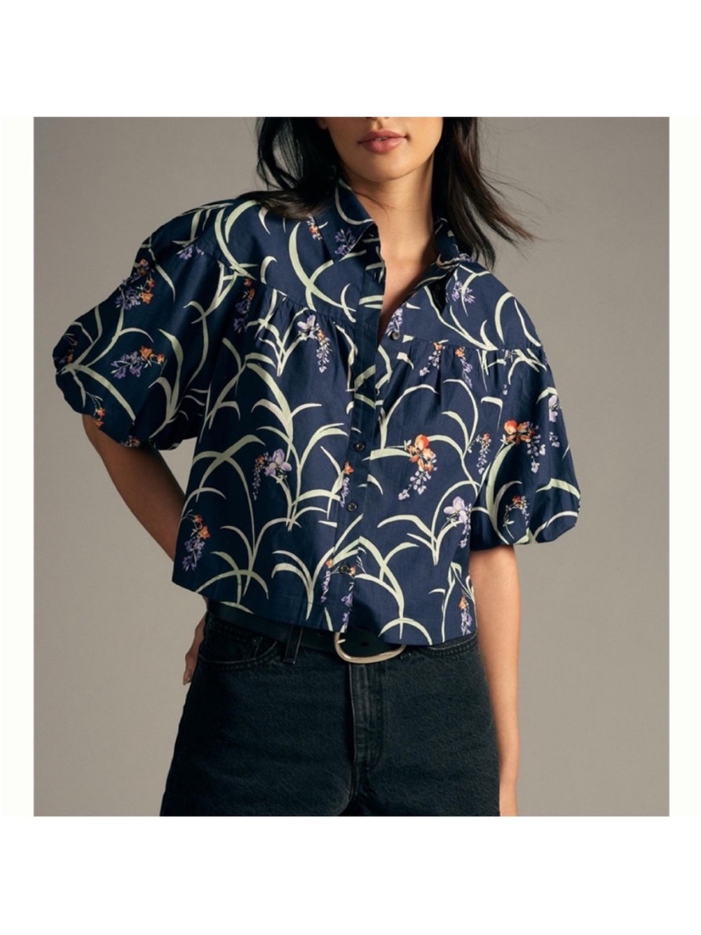 Maeve Bubble Sleeve Navy Floral Blouse